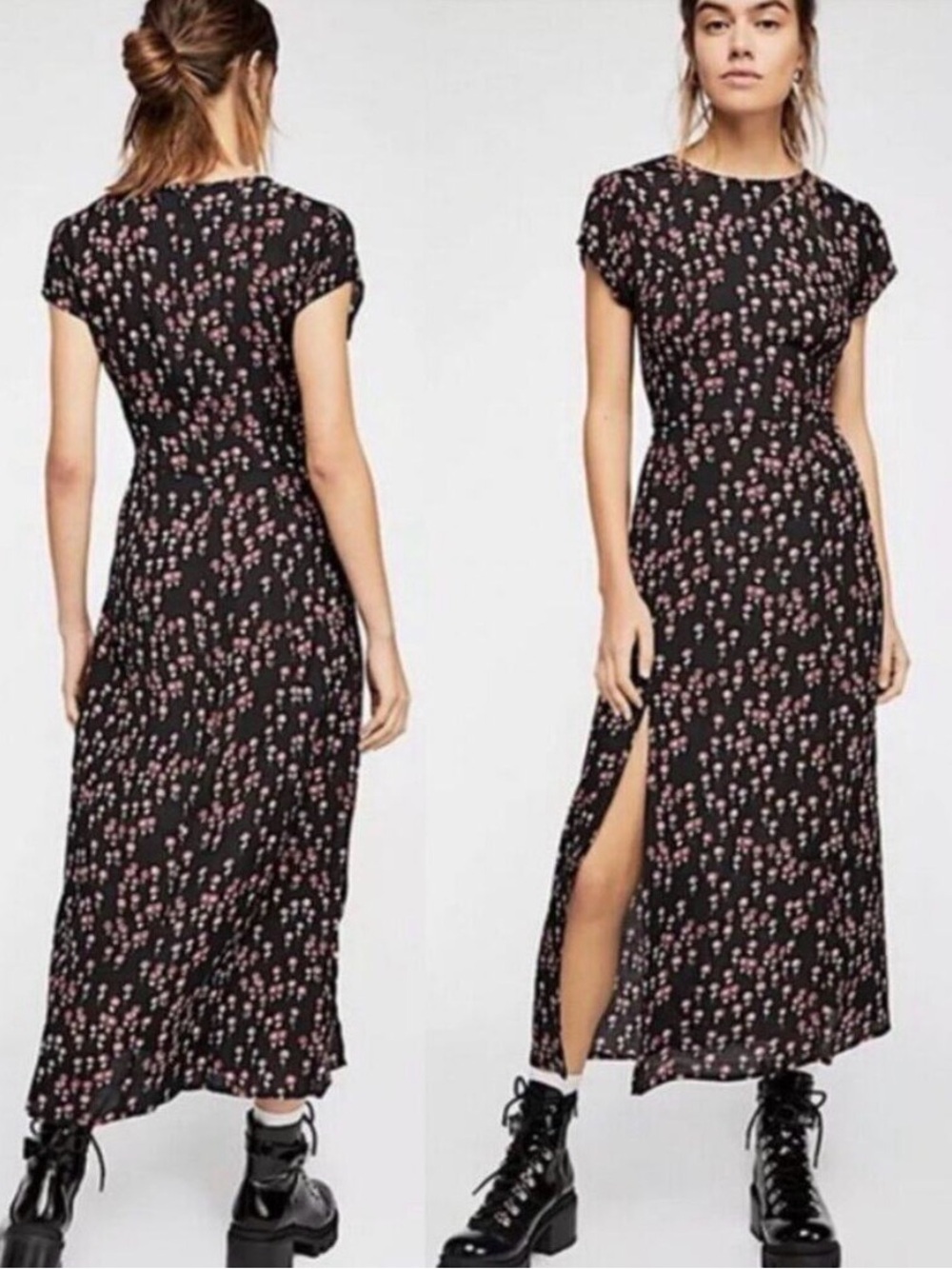 Free People Corrie Split Hem Ditsy Floral Print Midi Dress Black & Red. Size 6